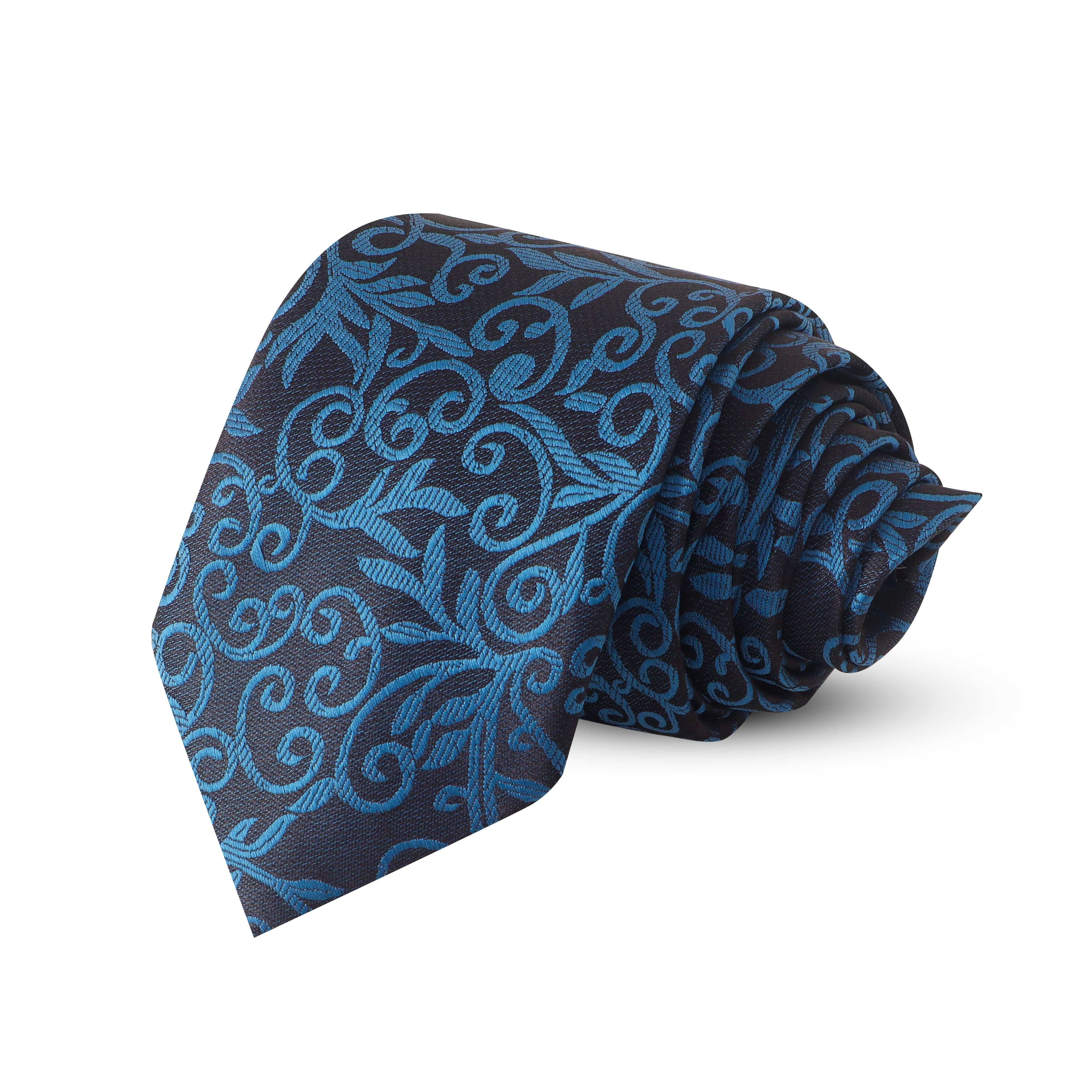 Blue patterned tie on a white background