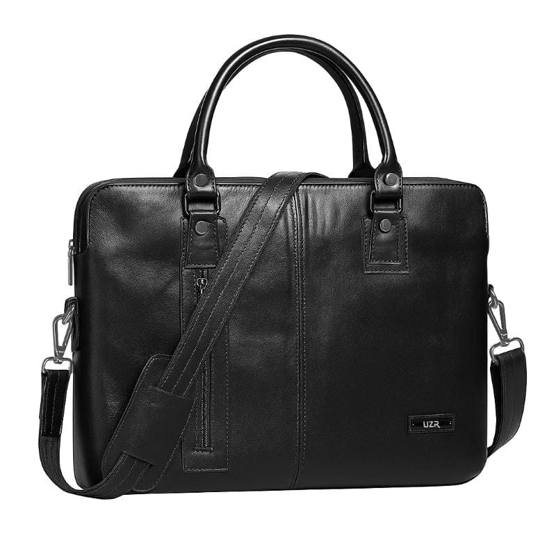 Black leather briefcase with shoulder strap on a white background