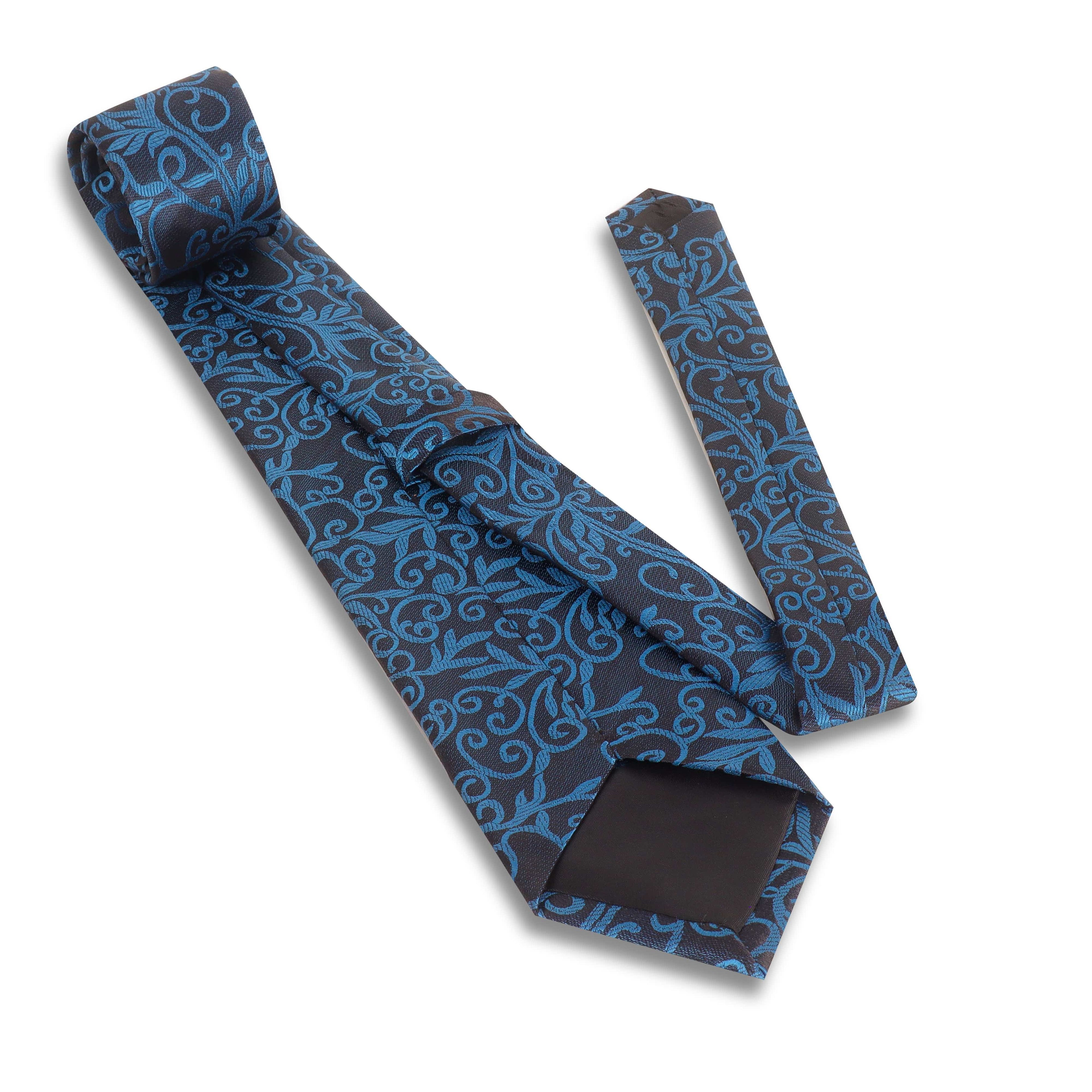 Blue patterned tie on a white background