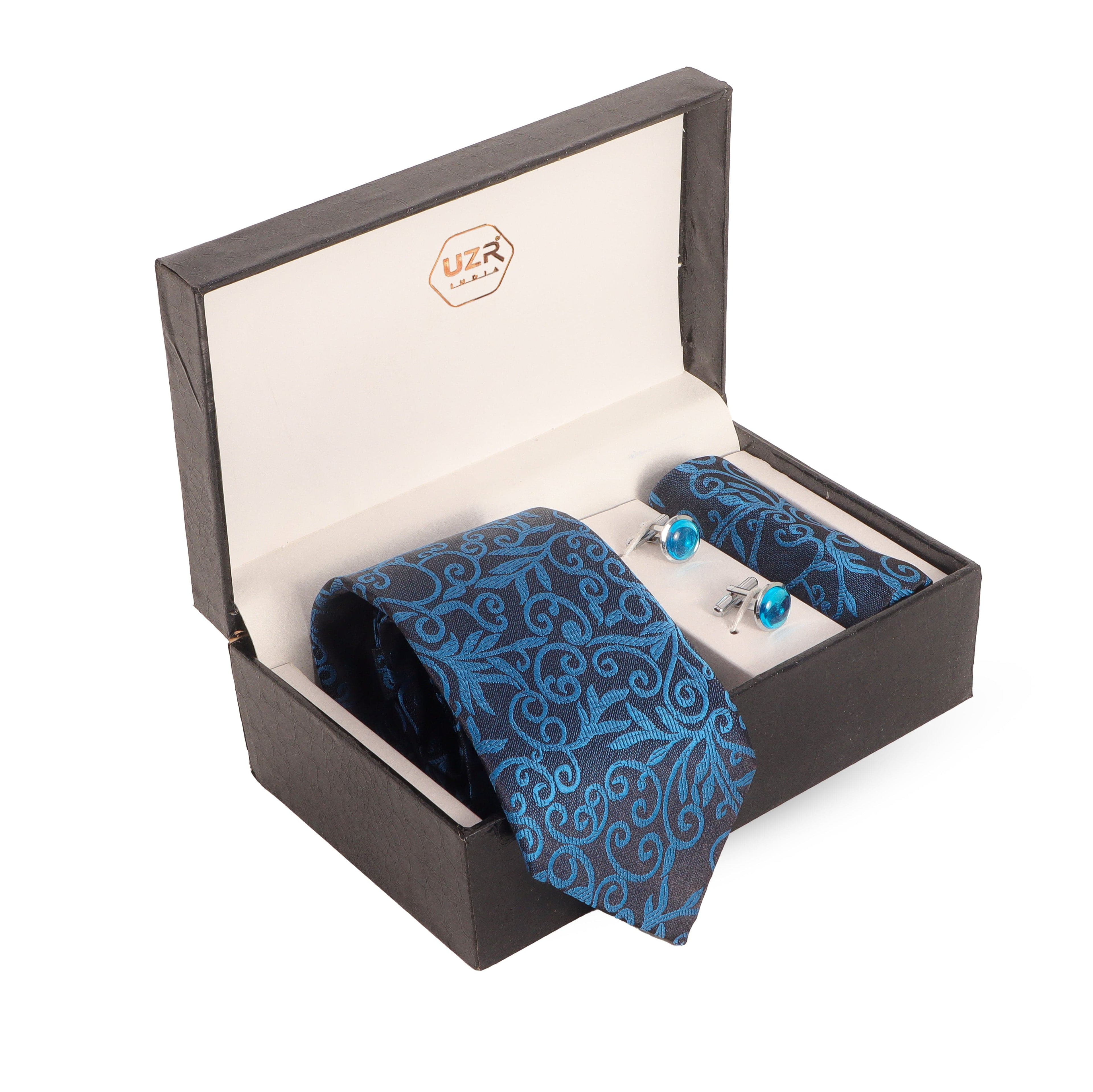 UZR men’s blue floral tie gift set with cufflinks and pocket square in luxury box – premium formal wear gift for men in India”