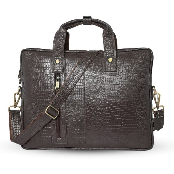 UZR croc-textured brown leather messenger bag front view