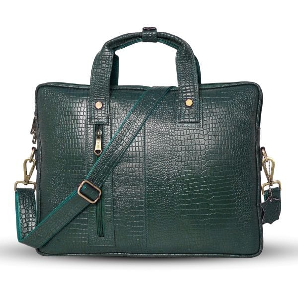 UZR croc-textured green leather messenger bag front view