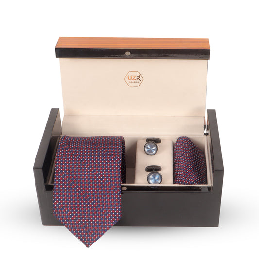 Navy & Red Tie, Pocket Square & Blue Stone Cufflinks in Luxury UZR Wooden Box