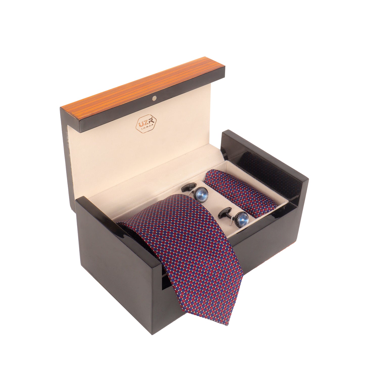 Navy & Red Tie, Pocket Square & Blue Stone Cufflinks in Luxury UZR Wooden Box