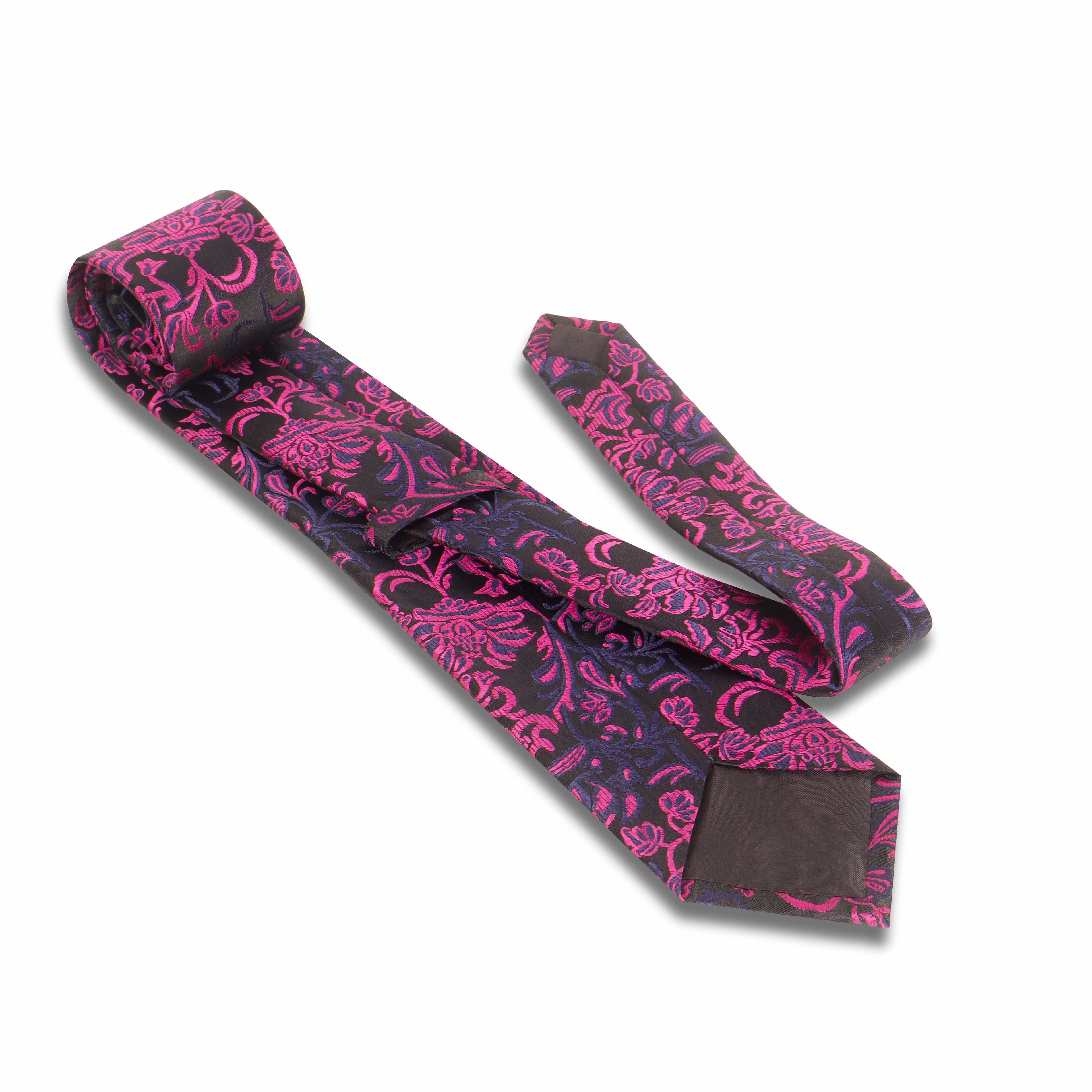 Men’s Pink Floral Tie Gift Set with Red Cufflinks & Pocket Square | UZR Premium Formal Combo in Wooden Box