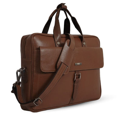 Brown leather briefcase with shoulder strap