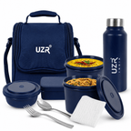 UZR India Stainless Steel Lunch Box Set (Office, School & Travel) | 3 Microwavable Containers (250ml, 400ml, 550ml), 750ml Steel Bottle, 100ml Chutney Box, Cutlery & Carry Bag – BLUE