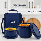 UZR India Stainless Steel Lunch Box Set (Office, School & Travel) | 3 Microwavable Containers (250ml, 400ml, 550ml), 750ml Steel Bottle, 100ml Chutney Box, Cutlery & Carry Bag – BLUE