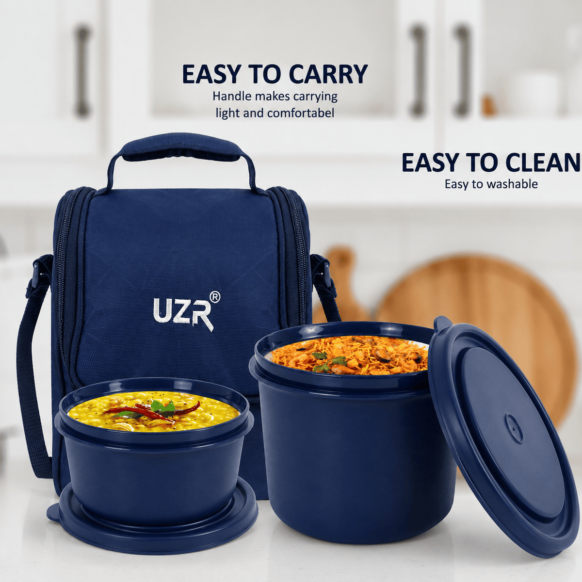 UZR India Stainless Steel Lunch Box Set (Office, School & Travel) | 3 Microwavable Containers (250ml, 400ml, 550ml), 750ml Steel Bottle, 100ml Chutney Box, Cutlery & Carry Bag – BLUE