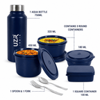 UZR India Stainless Steel Lunch Box Set (Office, School & Travel) | 3 Microwavable Containers (250ml, 400ml, 550ml), 750ml Steel Bottle, 100ml Chutney Box, Cutlery & Carry Bag – BLUE