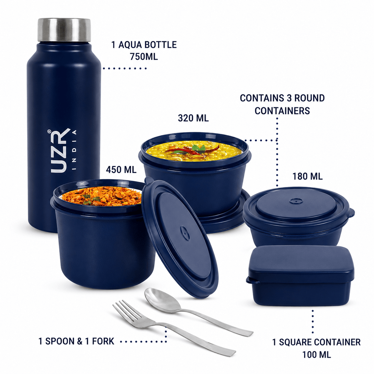UZR India Stainless Steel Lunch Box Set (Office, School & Travel) | 3 Microwavable Containers (250ml, 400ml, 550ml), 750ml Steel Bottle, 100ml Chutney Box, Cutlery & Carry Bag – BLUE