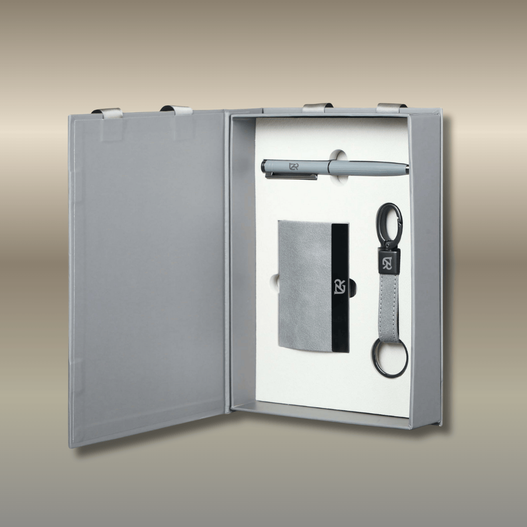 Compact 4 pc Gray corporate gift set A5 size Notebook, Metal pen, Metal PU Keychain, Metal Card holder