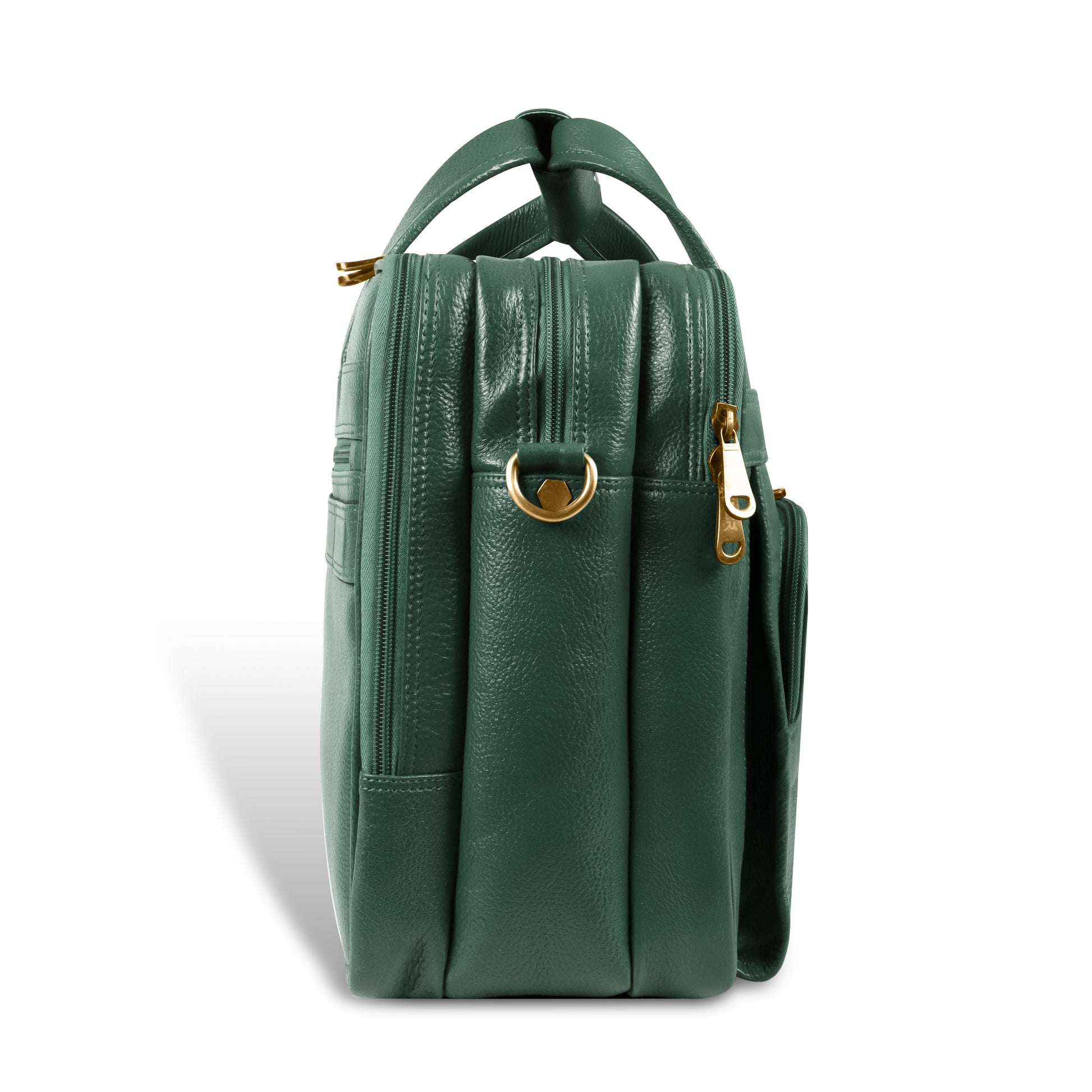 Green leather bag with gold accents on a white background