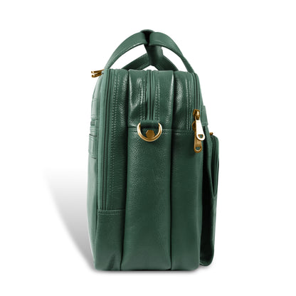 Green leather bag with gold accents on a white background