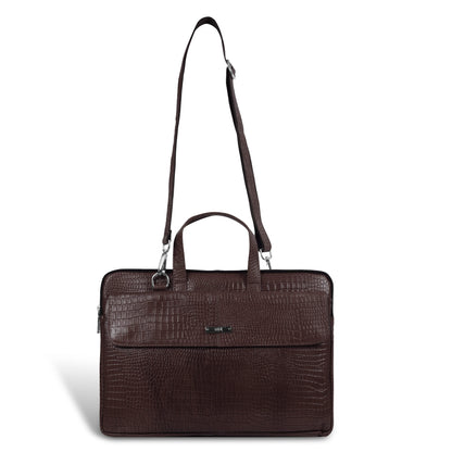 Brown crocodile-patterned leather briefcase with shoulder strap on a white background