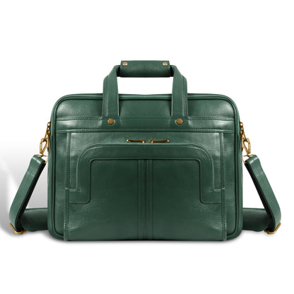 Green leather briefcase with gold accents on a white background