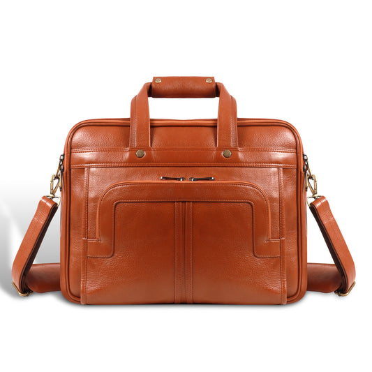 Brown leather briefcase with shoulder strap on a white background