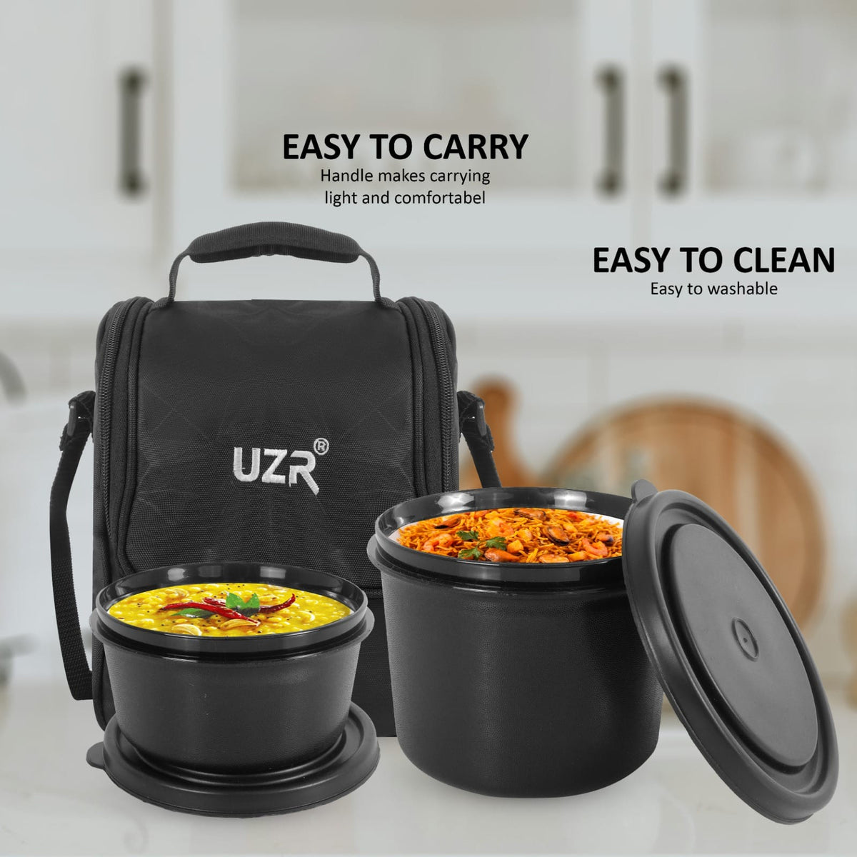 UZR India Stainless Steel Lunch Box Set (Office, School & Travel) | 3 Microwavable Containers (250ml, 400ml, 550ml), 750ml Steel Bottle, 100ml Chutney Box, Cutlery & Carry Bag – Black
