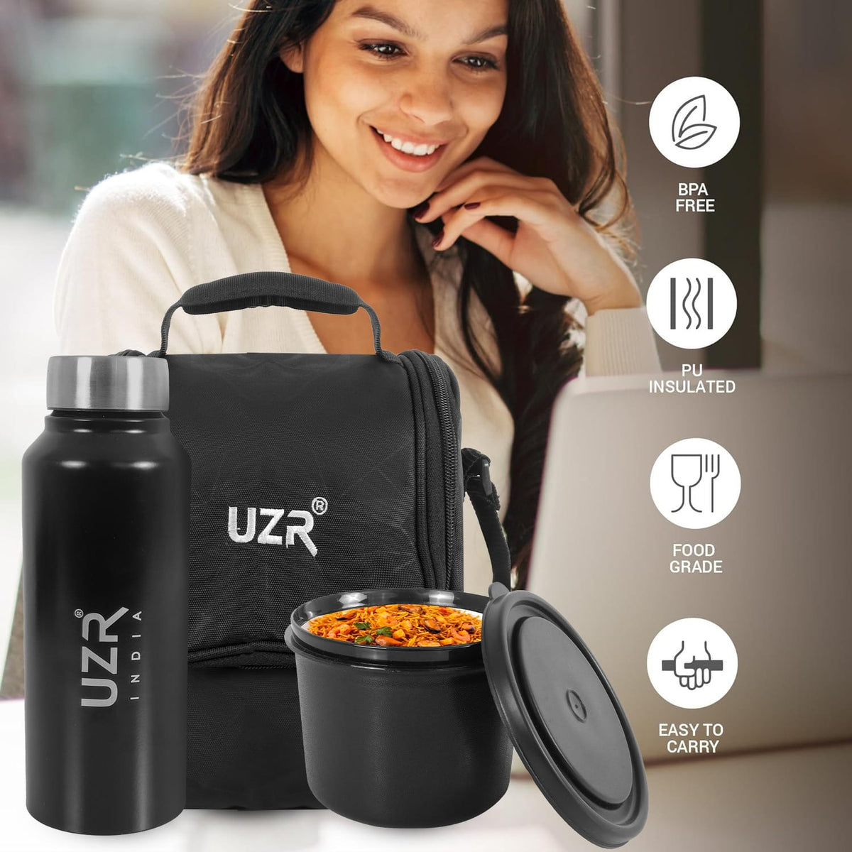UZR India Stainless Steel Lunch Box Set (Office, School & Travel) | 3 Microwavable Containers (250ml, 400ml, 550ml), 750ml Steel Bottle, 100ml Chutney Box, Cutlery & Carry Bag – Black