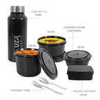 UZR India Stainless Steel Lunch Box Set (Office, School & Travel) | 3 Microwavable Containers (250ml, 400ml, 550ml), 750ml Steel Bottle, 100ml Chutney Box, Cutlery & Carry Bag – Black