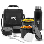 UZR India Stainless Steel Lunch Box Set (Office, School & Travel) | 3 Microwavable Containers (250ml, 400ml, 550ml), 750ml Steel Bottle, 100ml Chutney Box, Cutlery & Carry Bag – Black