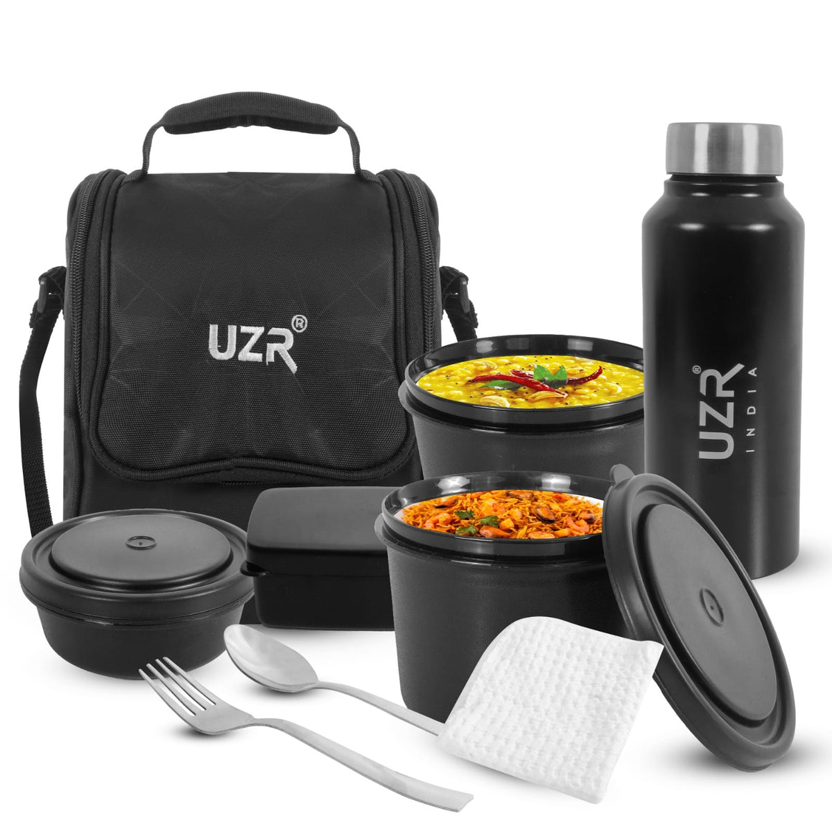 UZR India Stainless Steel Lunch Box Set (Office, School & Travel) | 3 Microwavable Containers (250ml, 400ml, 550ml), 750ml Steel Bottle, 100ml Chutney Box, Cutlery & Carry Bag – Black