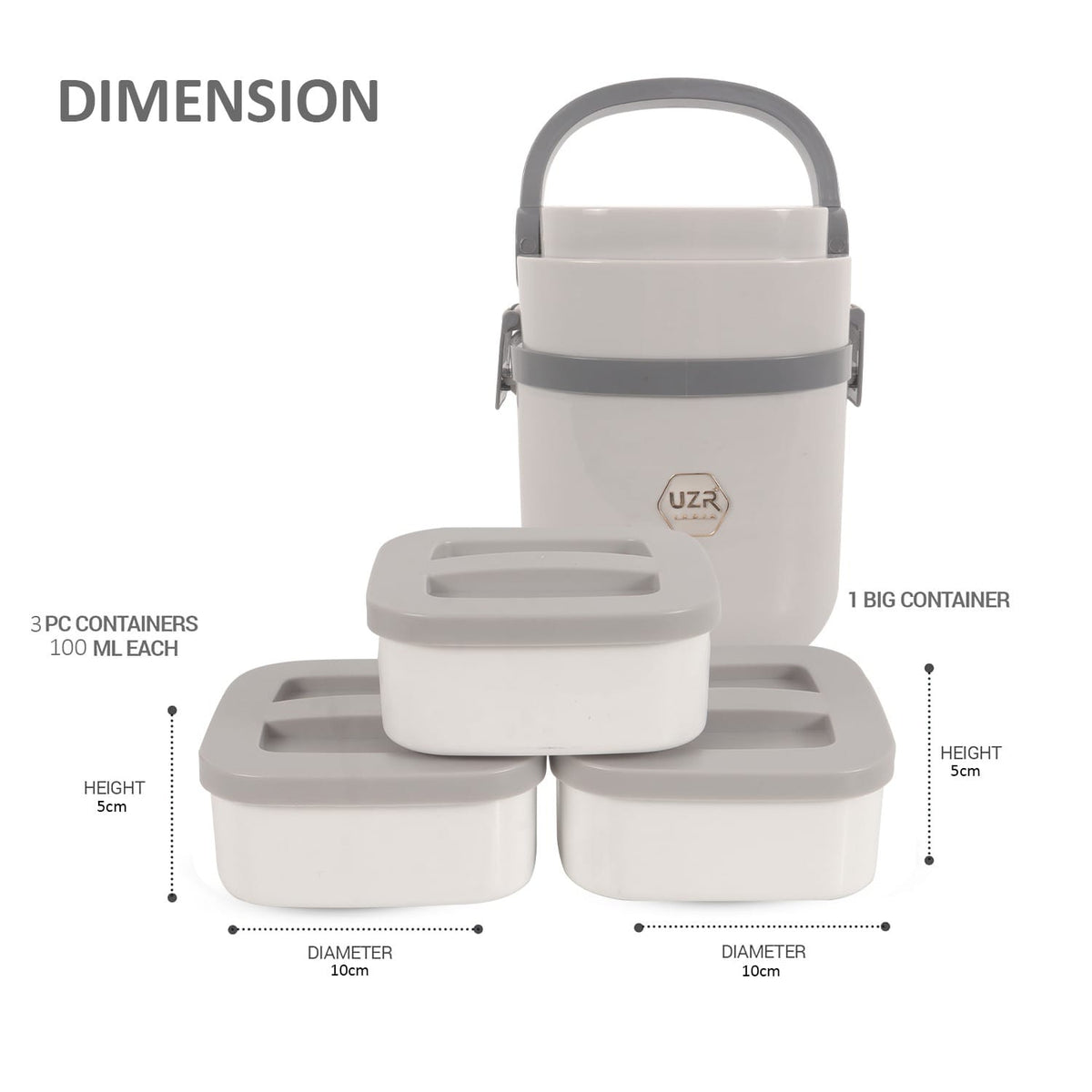 Bento Style Lunch Box Set, 4 Containers, Leak-Resistant, BPA-Free Plastic, Compact Tiffin for Office School Travel, Grey and White