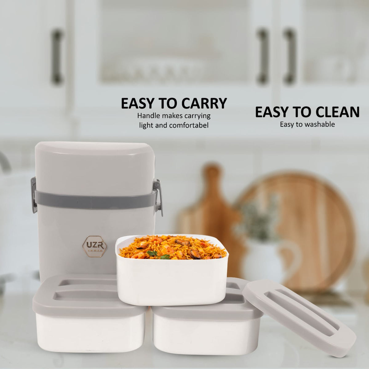 Bento Style Lunch Box Set, 4 Containers, Leak-Resistant, BPA-Free Plastic, Compact Tiffin for Office School Travel, Grey and White