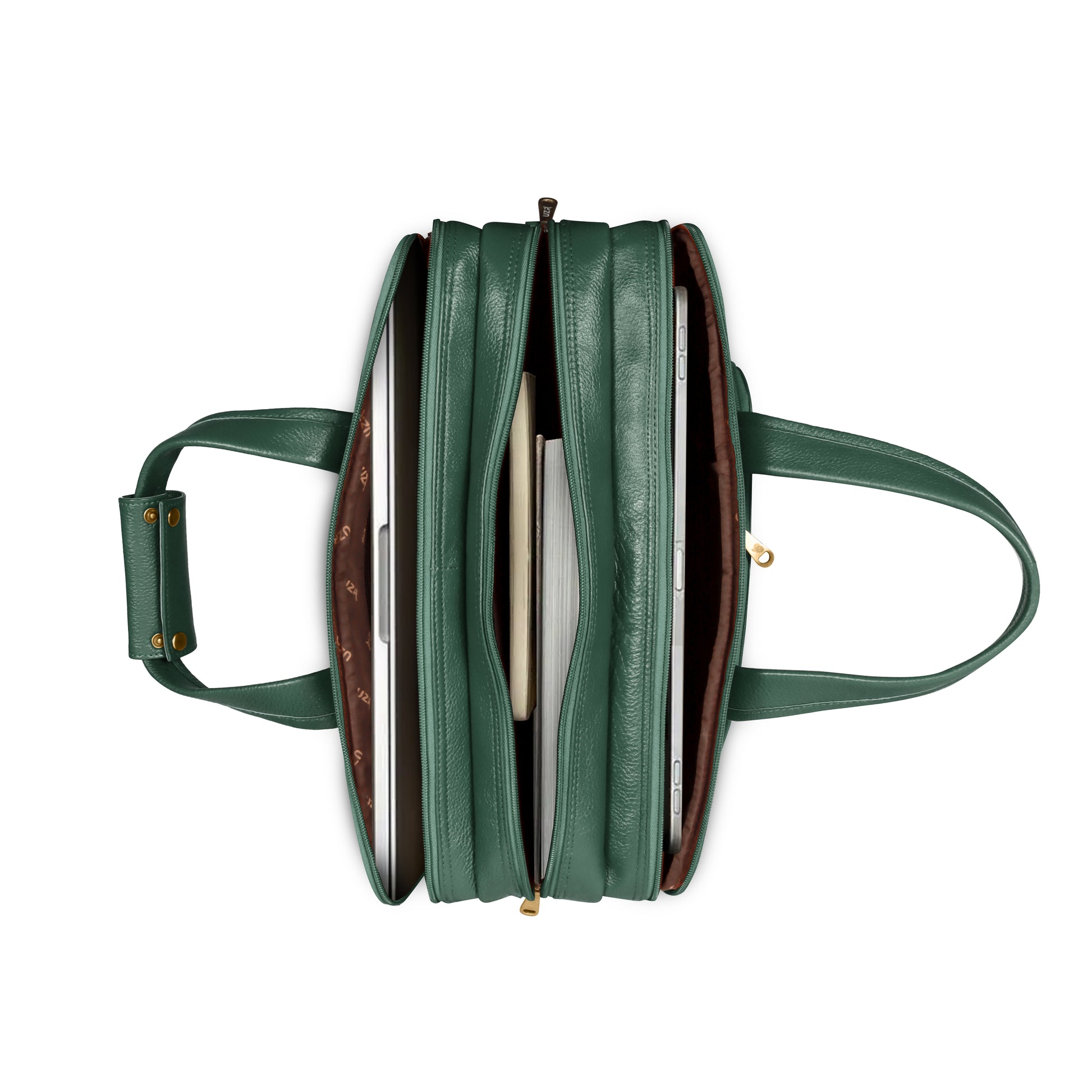 Green leather bag with a zipper UZR professional office bag