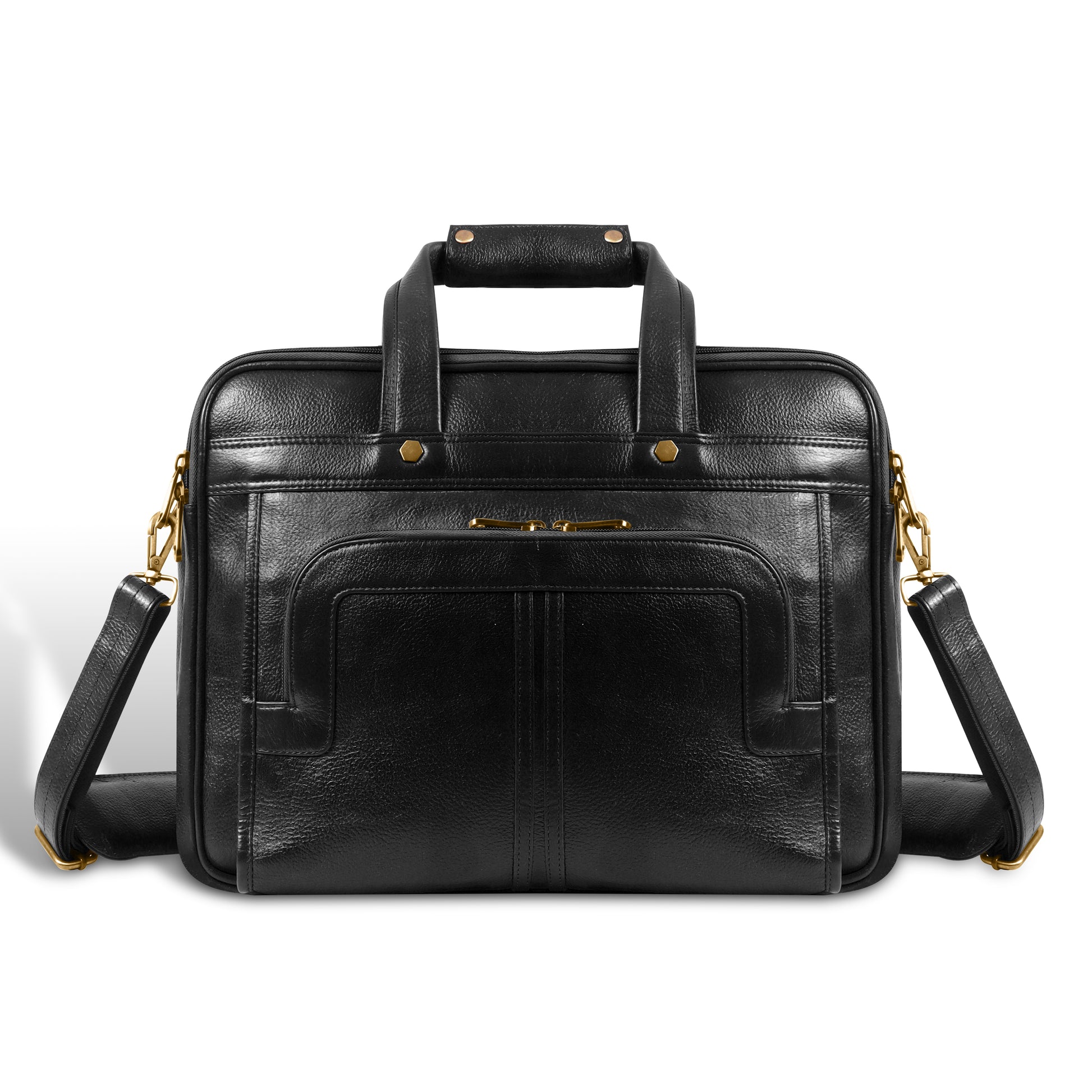 Front view of UZR Signature Office Bag in black vegan leather with gold hardware