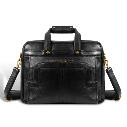 Front view of UZR Signature Office Bag in black vegan leather with gold hardware