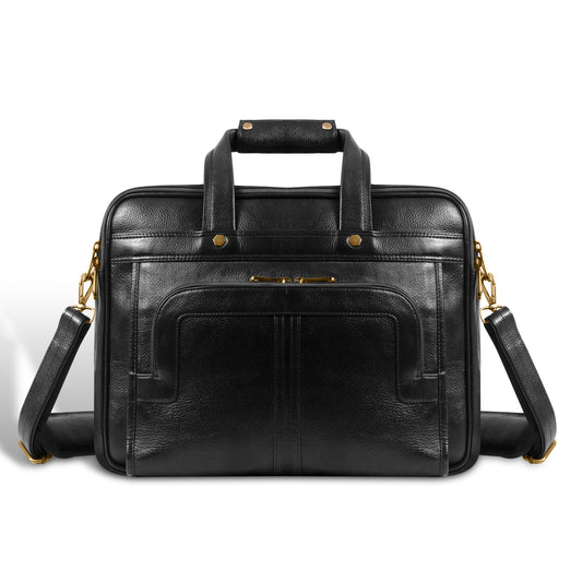Front view of UZR Signature Office Bag in black vegan leather with gold hardware