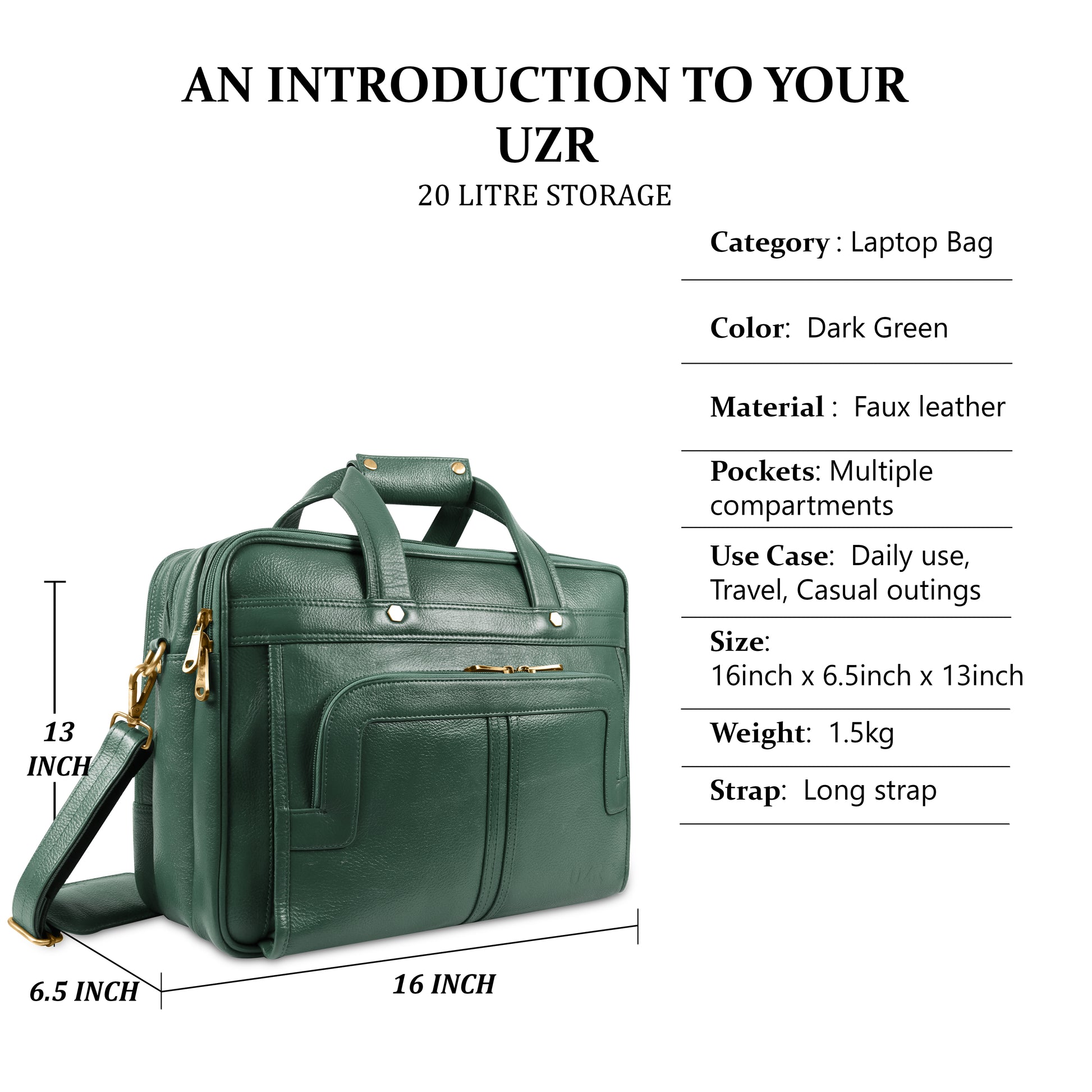 Green laptop bag with specifications Stylish professional using emerald green UZR Signature Bag
