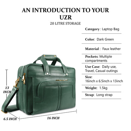 Green laptop bag with specifications Stylish professional using emerald green UZR Signature Bag
