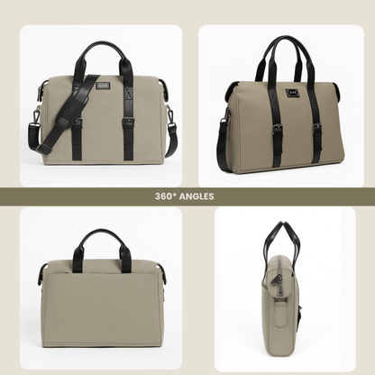 Beige travel bag with black straps shown from multiple angles 