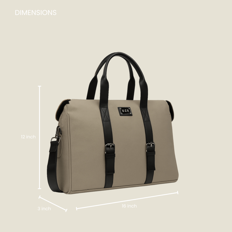 Beige handbag with black straps and dimensions 