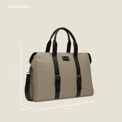 Beige handbag with black straps and dimensions 