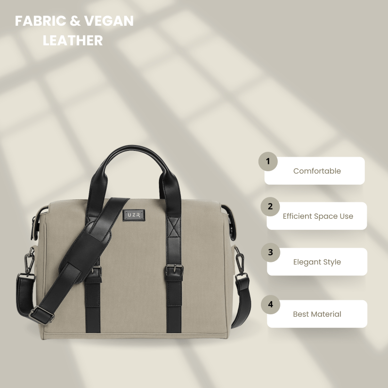 Beige duffel bag with black straps on a light gray background, featuring text about fabric and vegan leather.