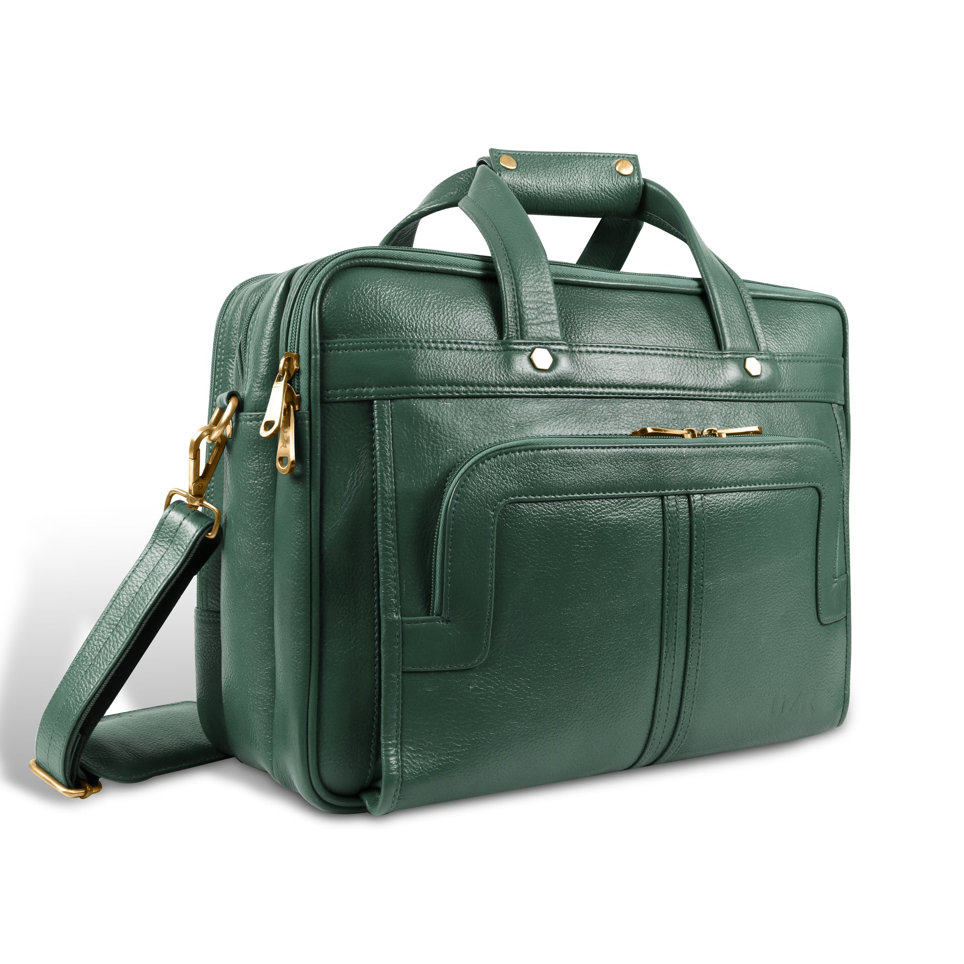 Green leather briefcase with gold accents on a white background