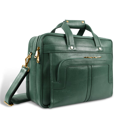 Green leather briefcase with gold accents on a white background