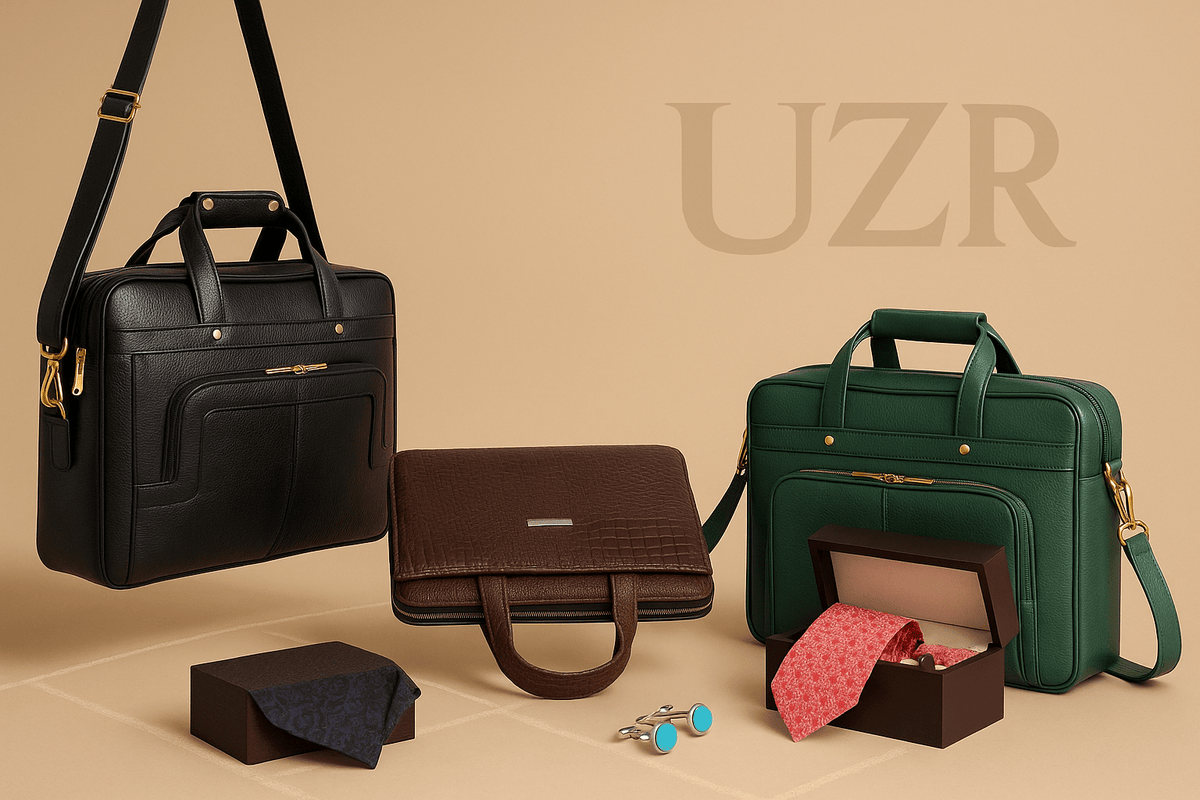 Three briefcases in black, brown, and green on a beige background with 'UZR' branding.