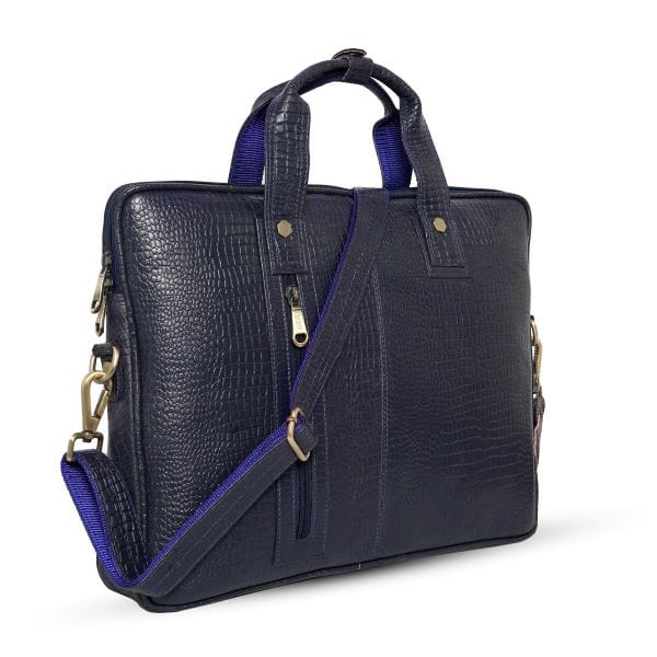 Navy blue textured leather bag with gold accents 