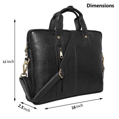 Black leather briefcase with dimensions indicated on a white background