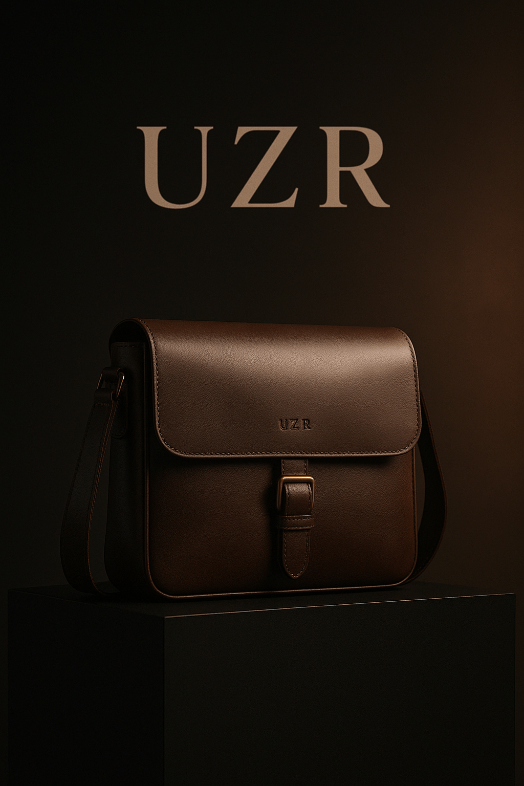 Brown leather bag with 'UZR' branding on a dark background