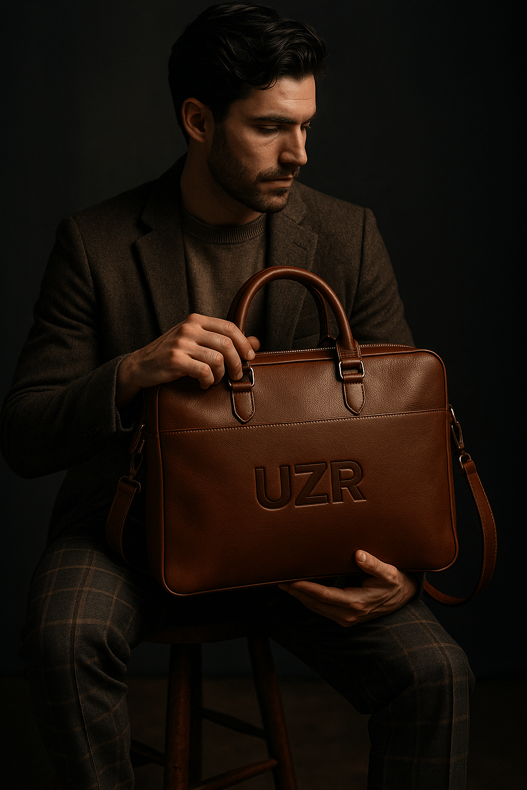 Man holding a brown leather briefcase with 'UZR' branding against a dark background