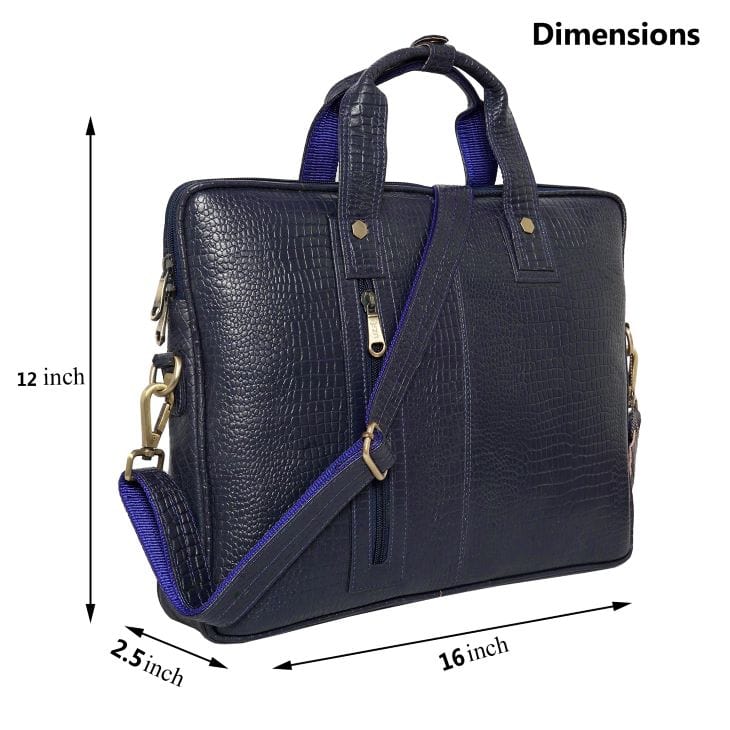 Navy blue leather briefcase with measurements on a white background