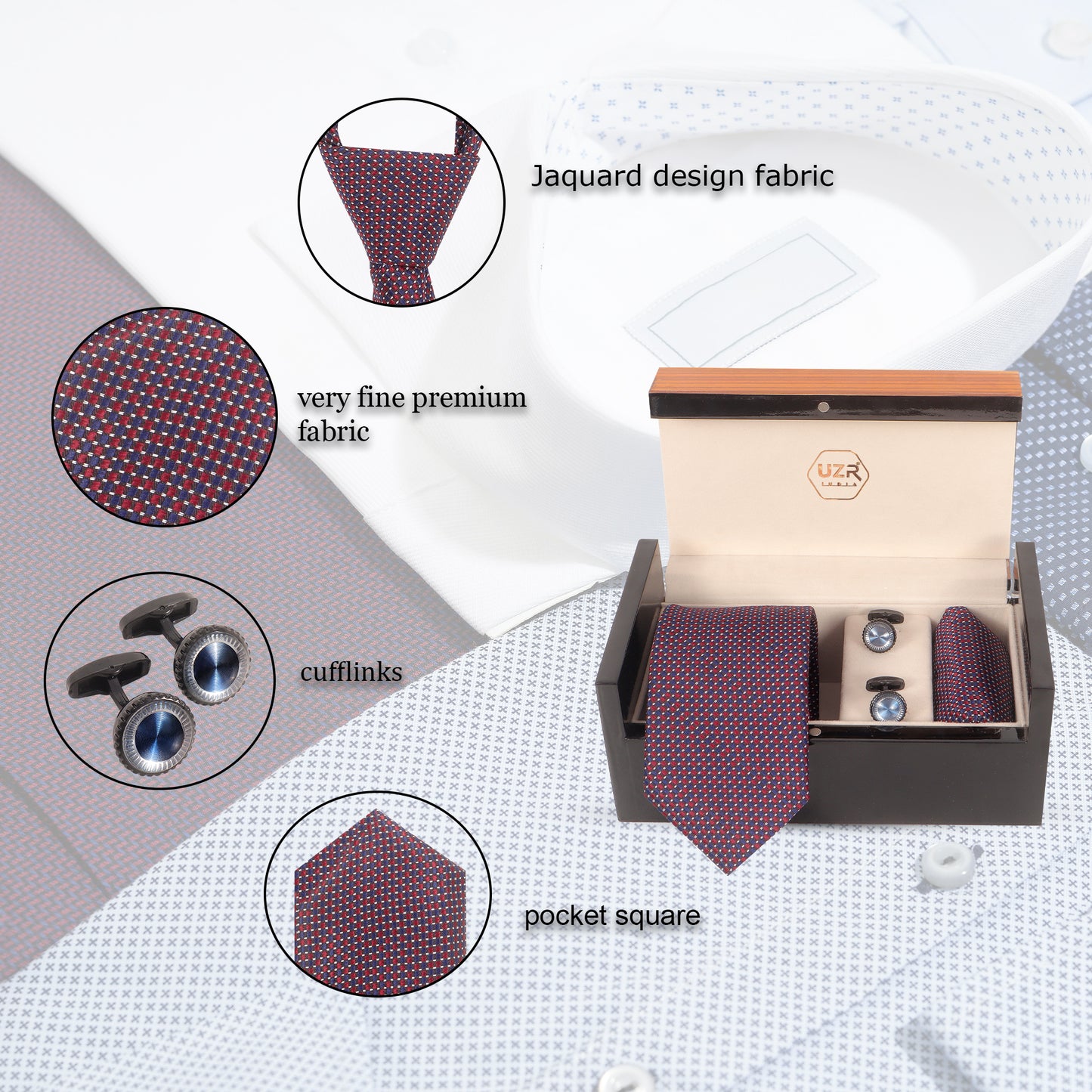 Navy & Red Tie, Pocket Square & Blue Stone Cufflinks in Luxury UZR Wooden Box