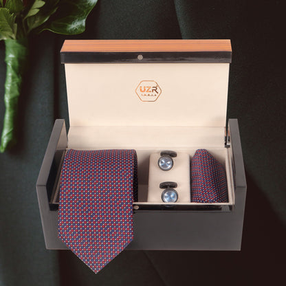 Navy & Red Tie, Pocket Square & Blue Stone Cufflinks in Luxury UZR Wooden Box