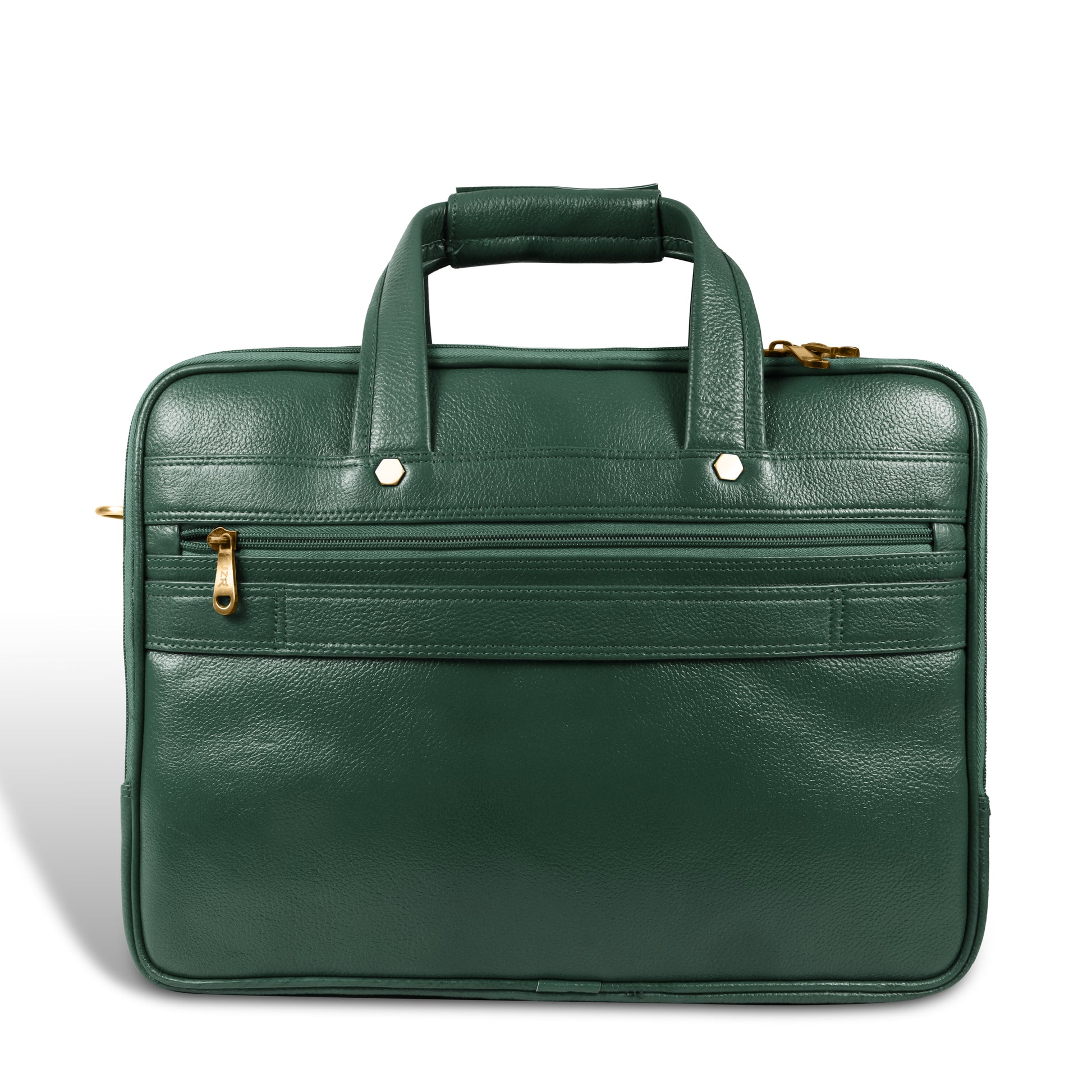 Green leather briefcase with gold zippers on a white background