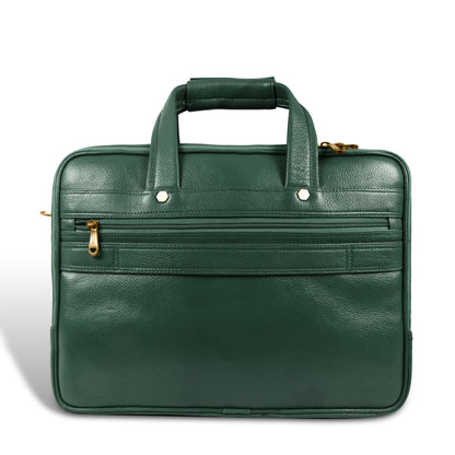 Green leather briefcase with gold zippers on a white background